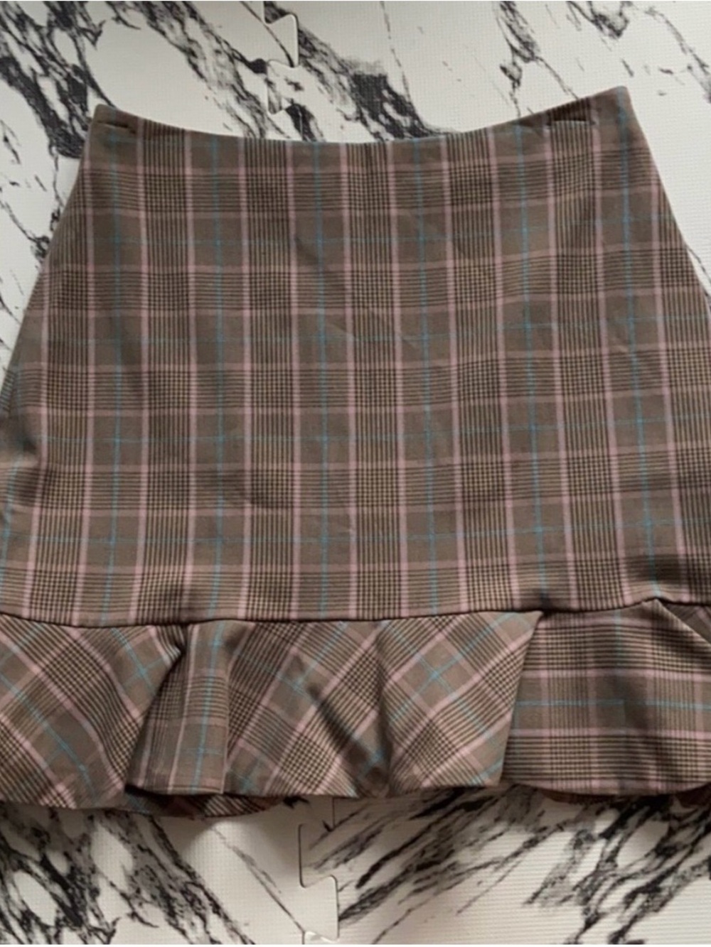 Aritzia Brown Plaid Mini Skirt with Pink and Light Blue Accents